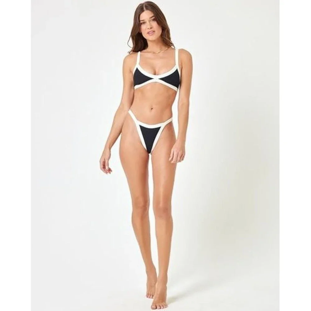 L*Space Mackenzie Bikini Bottom Womens Medium Black Nylon Stretch Swimwear TLW57